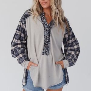 Three Bird Nest Gray and Blue Plaid Blouse